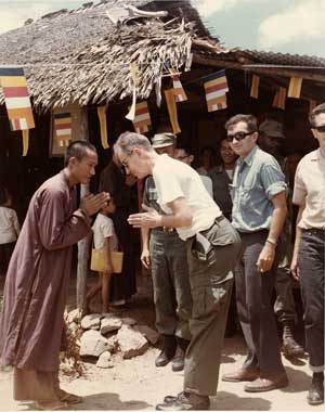 Senator Case greeting Vietnamese Buddhist monk, Clifford Case Papers, Rutgers University Libraries