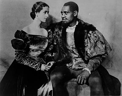 Photograph of Paul Robeson as Othello and Peggy Ashcroft as Desdemona from the 1930 London production of Shakespeare's Othello.