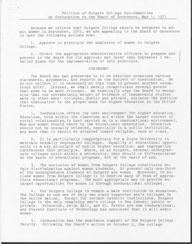 Petition of Rutgers College Sub Committee on Coeducation to the Board of Governors, May 1, 1971