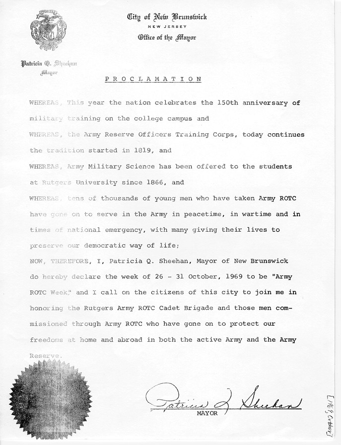 Proclamation by Office of the Mayor, City of New Brunswick. October, 1969. Rutgers Special Collections and University Archives