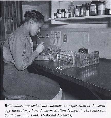 WAC laboratory technician conducts an experiment in the serology laboratory.  Fort Jackson Station Hospital, Fort Jackson, South Carolina, 1944. (National Archives)