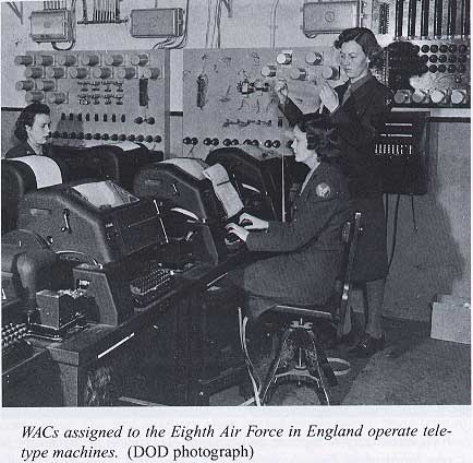 WACs assigned to the Eighth Air Force in ENgland aperate teletype machines. (DOD Photograph)